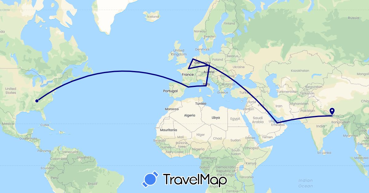 TravelMap itinerary: driving in United Arab Emirates, Czech Republic, Spain, France, Italy, Netherlands, Nepal, United States (Asia, Europe, North America)